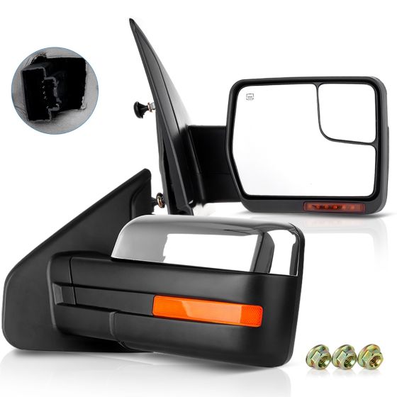 Towing Mirror Chrome Pair for 2004-2014 Ford F150 Pickup Truck Power Heated Turn Signal Puddle Light